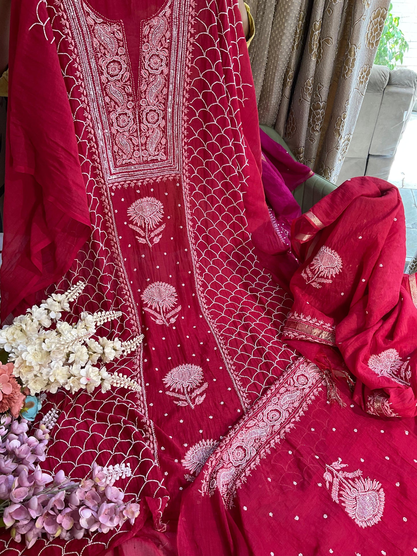 Mulmul Kurta Dupatta Set with Cotton Bottom