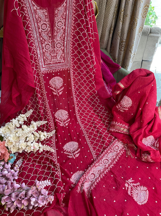 Mulmul Kurta Dupatta Set with Cotton Bottom