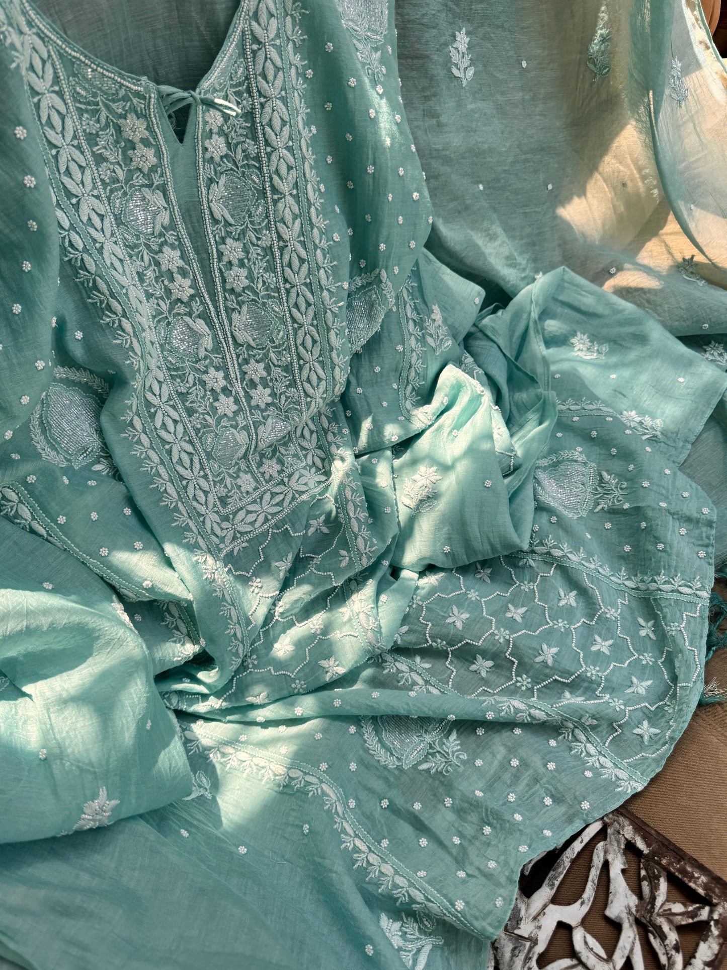 Mulmul Kurta Dupatta Set with Cotton Bottom