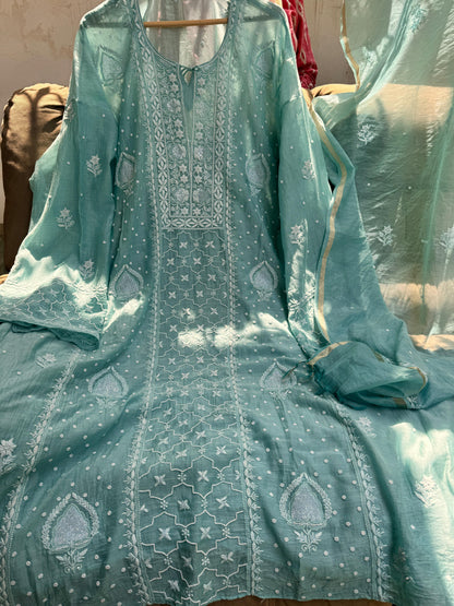 Mulmul Kurta Dupatta Set with Cotton Bottom