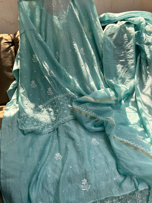 Mulmul Kurta Dupatta Set with Cotton Bottom