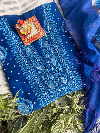 Mulmul Kurta Dupatta Set with Cotton Bottom