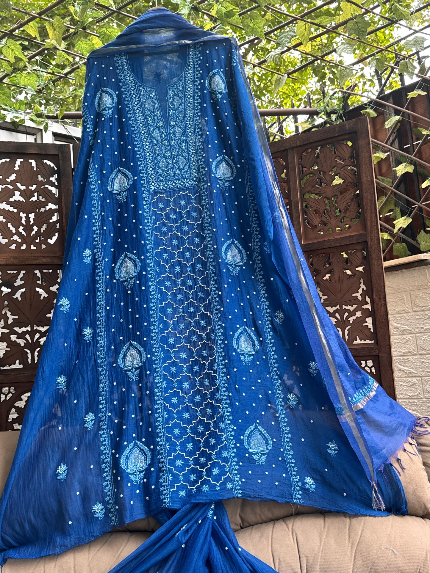 Mulmul Kurta Dupatta Set with Cotton Bottom