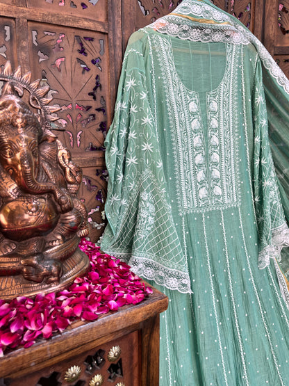 Hand Embroidered Pure Mul Anarkali & Dupatta Set