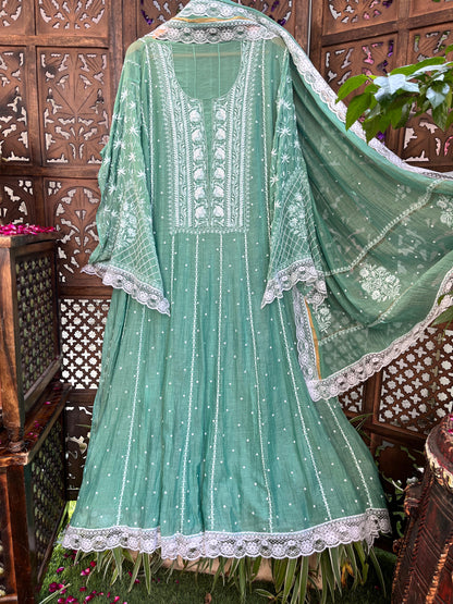 Hand Embroidered Pure Mul Anarkali & Dupatta Set
