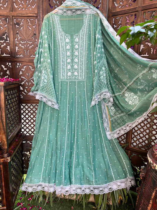 Hand Embroidered Pure Mul Anarkali & Dupatta Set