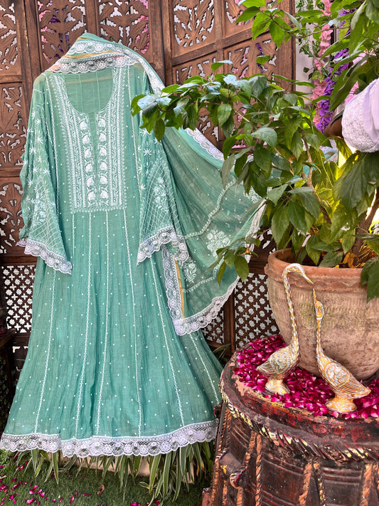 Hand Embroidered Pure Mul Anarkali & Dupatta Set