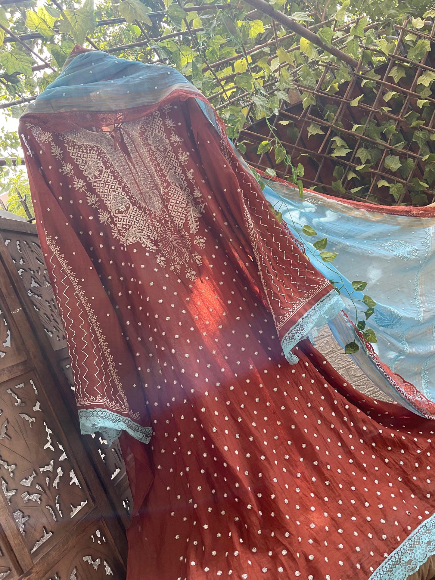 Burnt Orange Mulmul Chikankari Ensemble