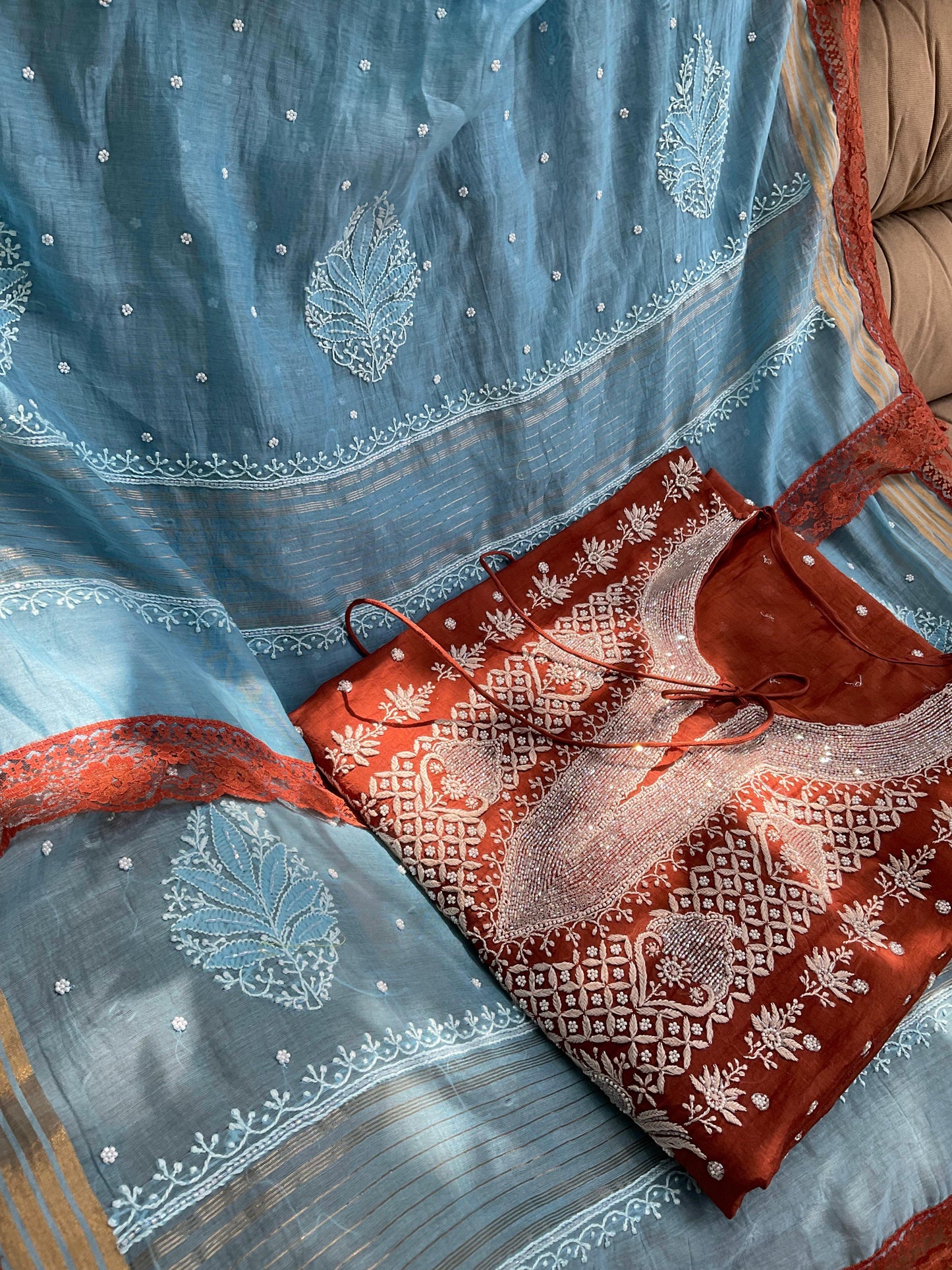 Burnt Orange Mulmul Chikankari Ensemble