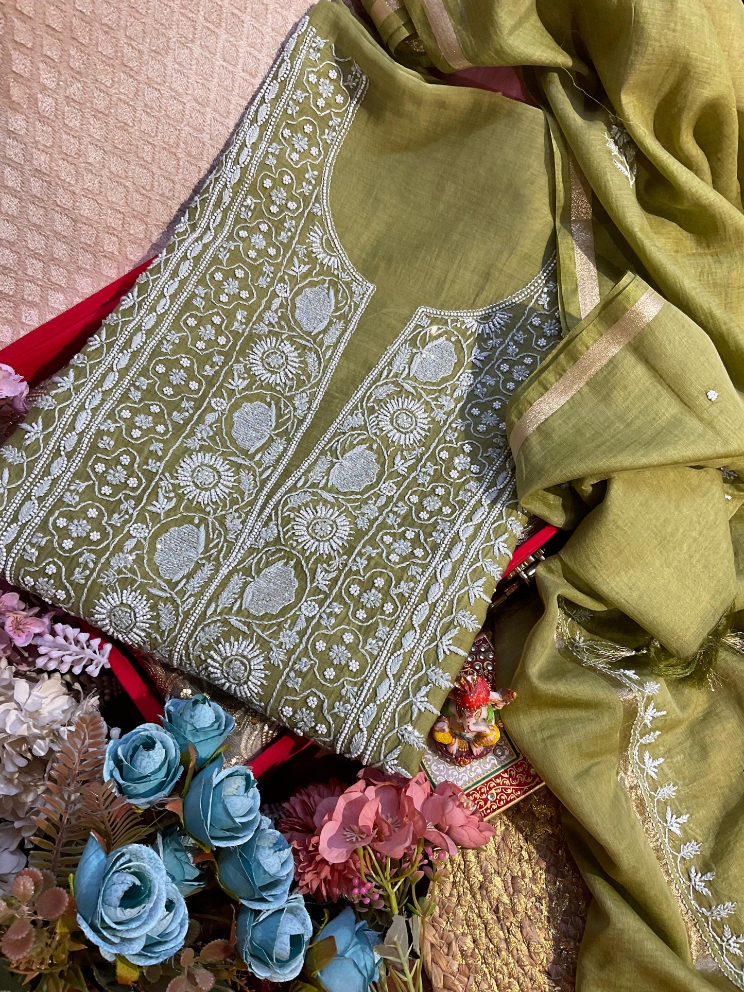 Mehndi Green Mulmul Chikankari Ensemble