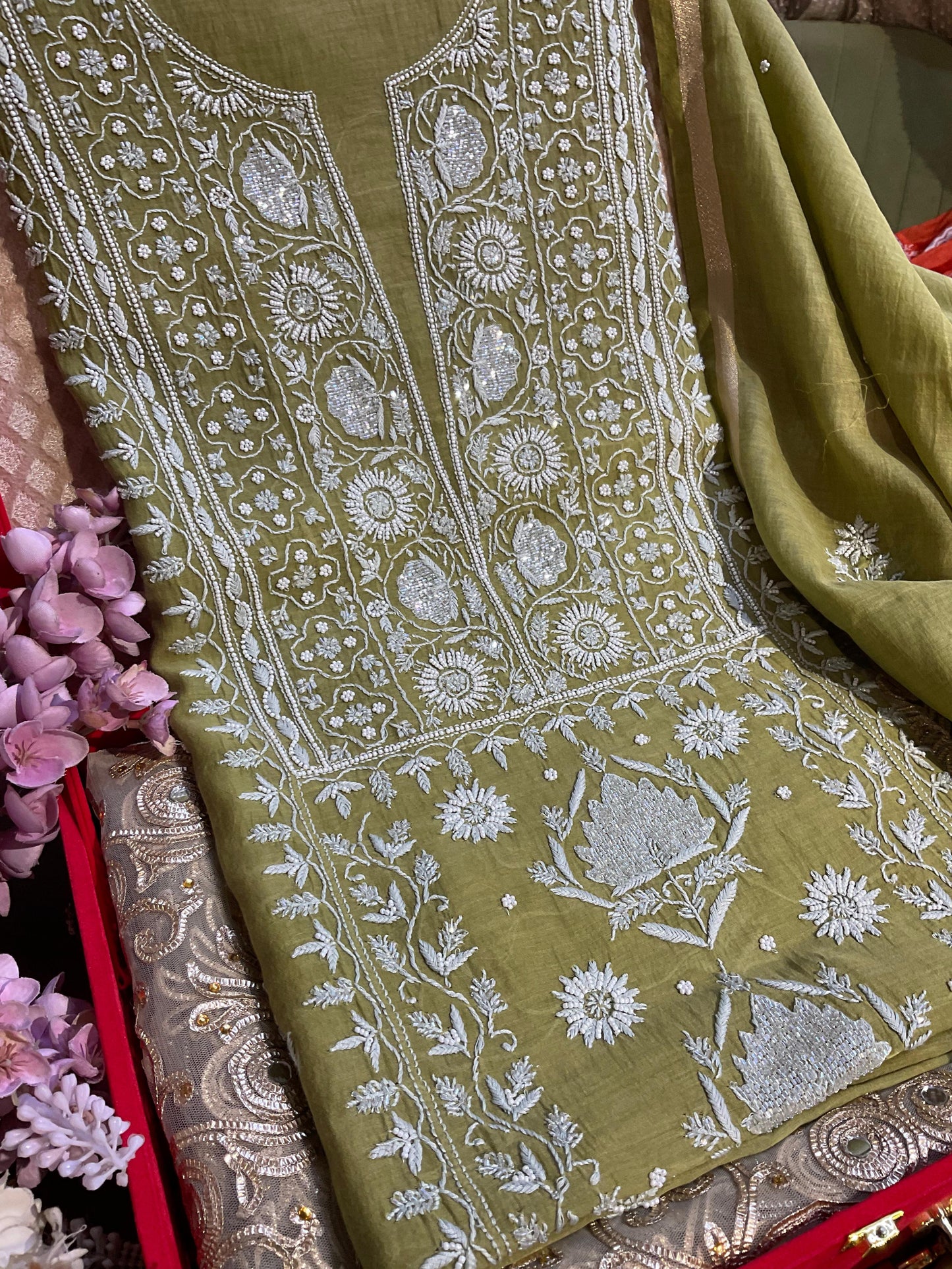 Mehndi Green Mulmul Chikankari Ensemble