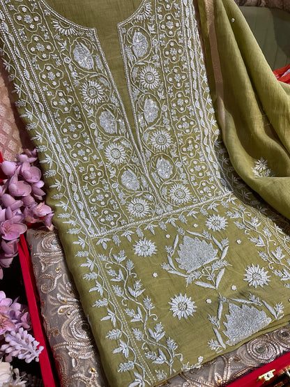 Mehndi Green Mulmul Chikankari Ensemble