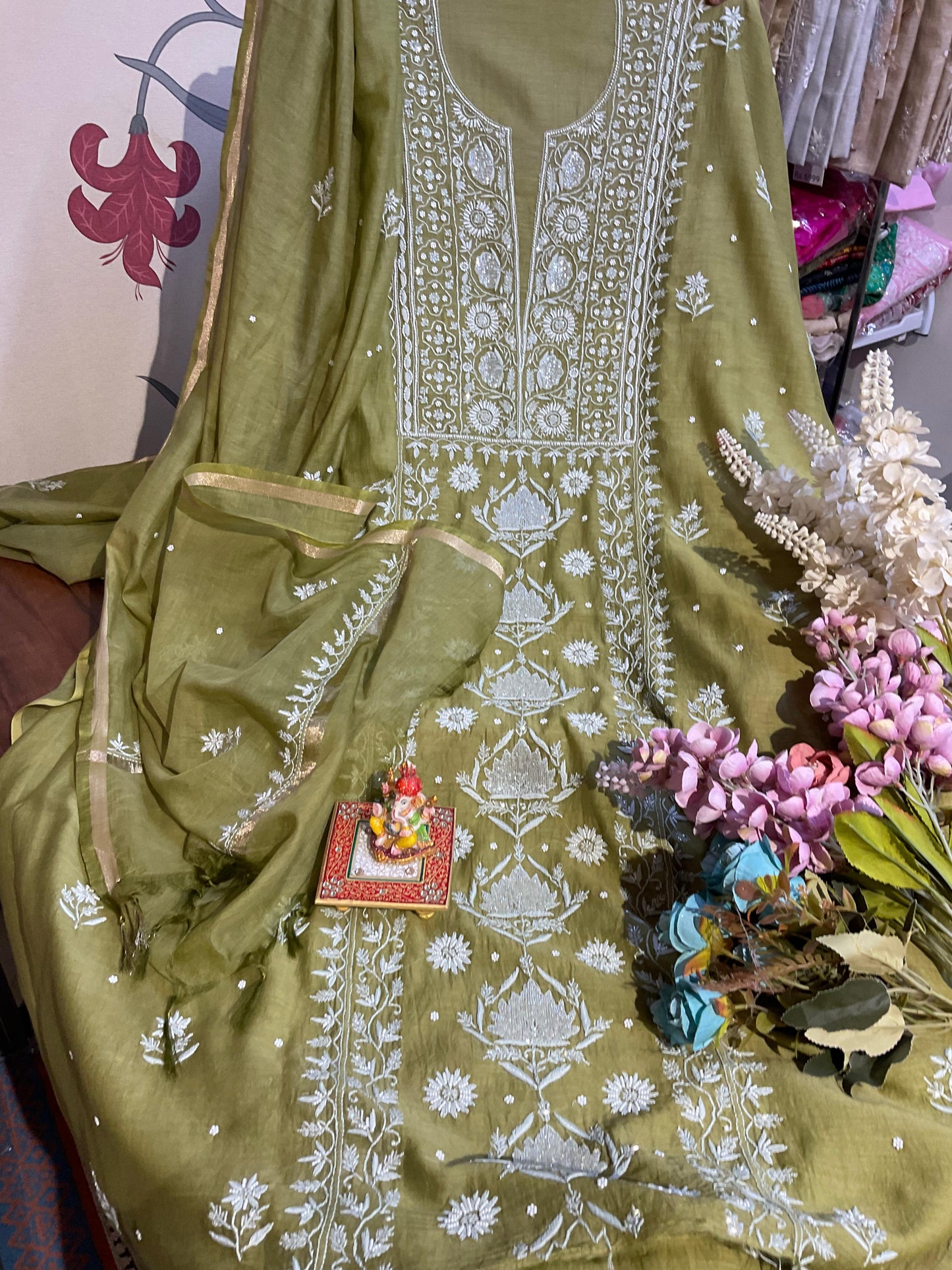 Mehndi Green Mulmul Chikankari Ensemble