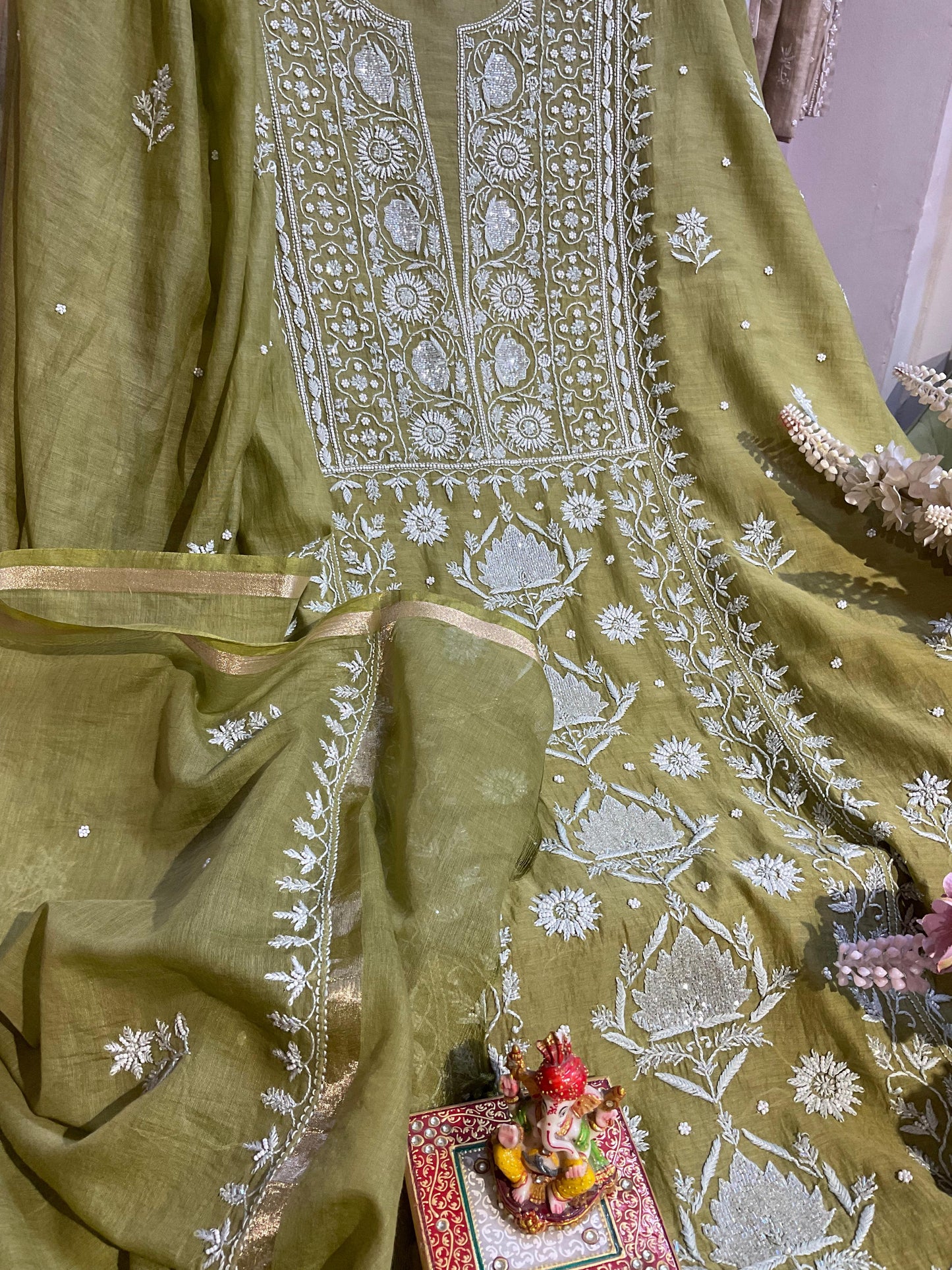 Mehndi Green Mulmul Chikankari Ensemble