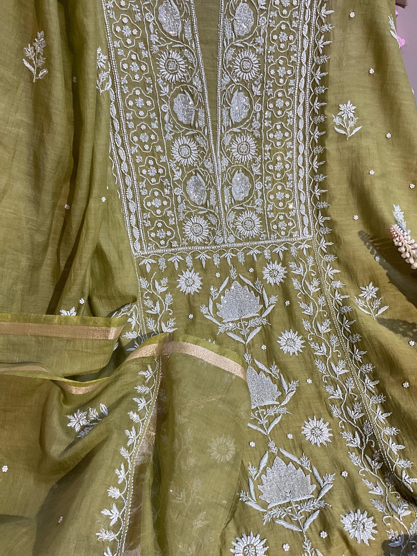 Mehndi Green Mulmul Chikankari Ensemble