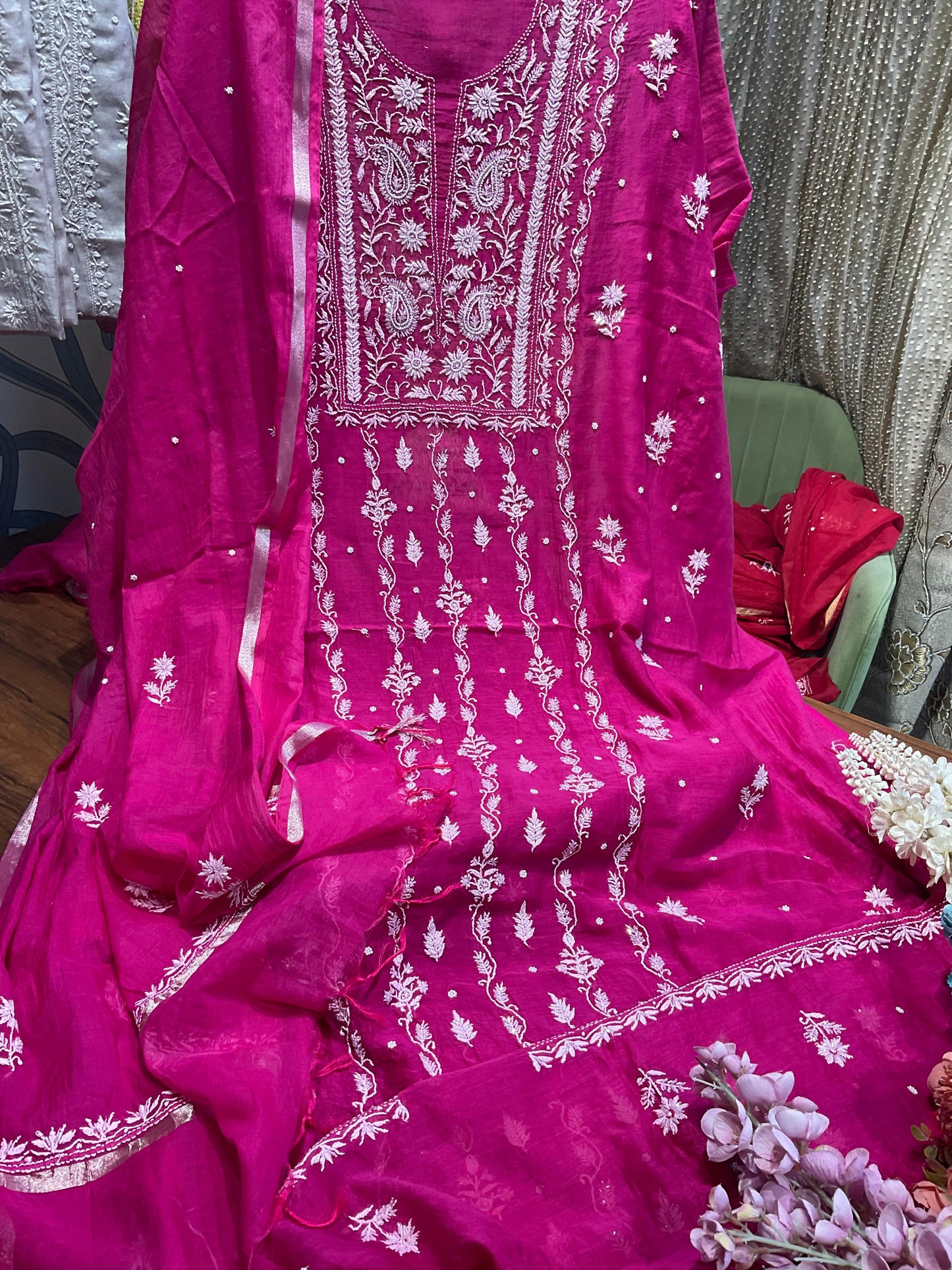 Mulmul Chikankari Kurta & Dupatta Set