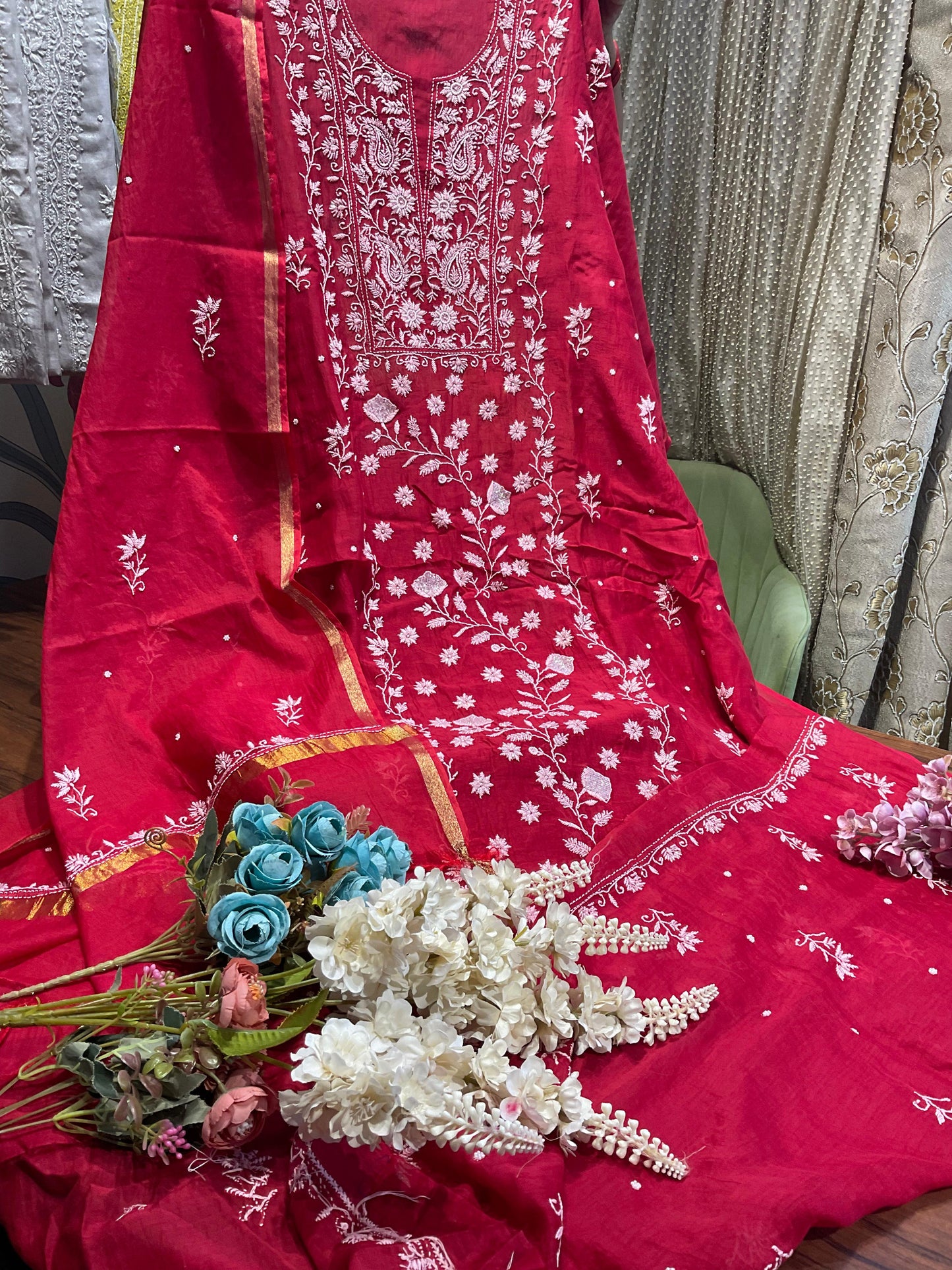Mulmul Chikankari Kurta & Dupatta Set