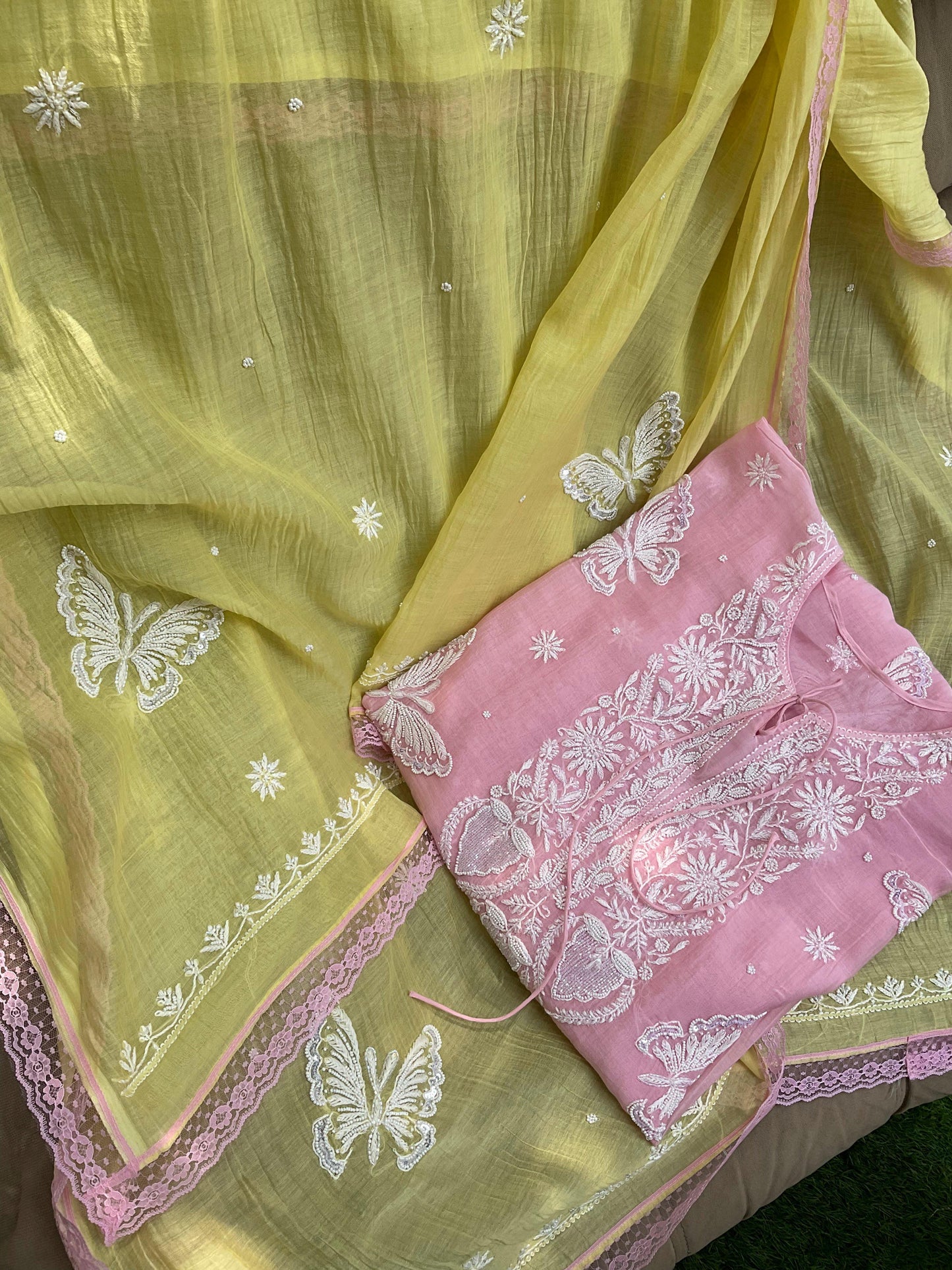 Pure Mulmul Chikankari Kurta, Dupatta & Cotton Bottom Set