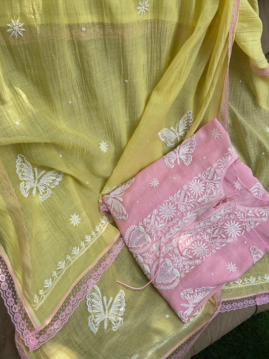 Pure Mulmul Chikankari Kurta, Dupatta & Cotton Bottom Set