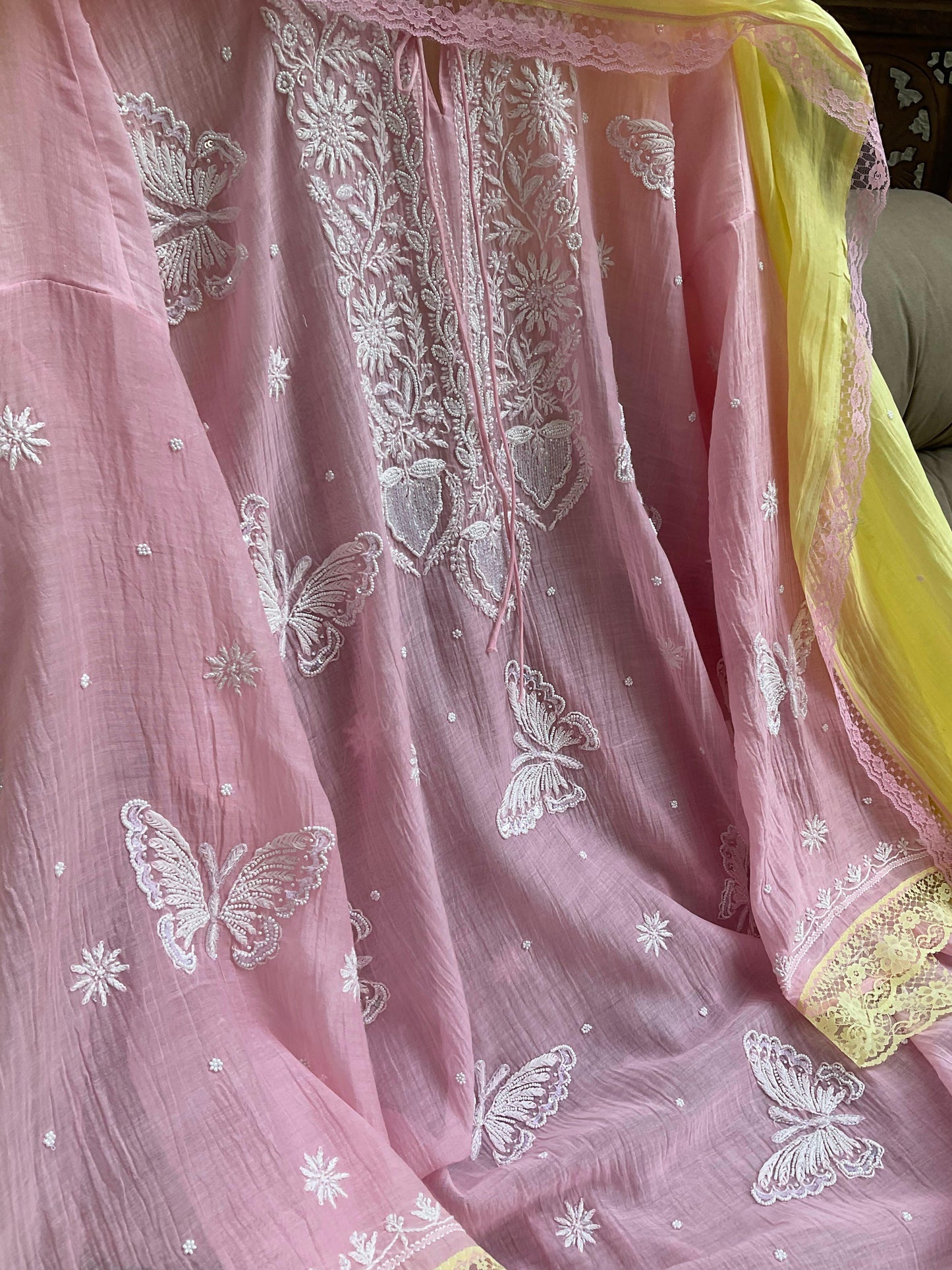 Pure Mulmul Chikankari Kurta, Dupatta & Cotton Bottom Set