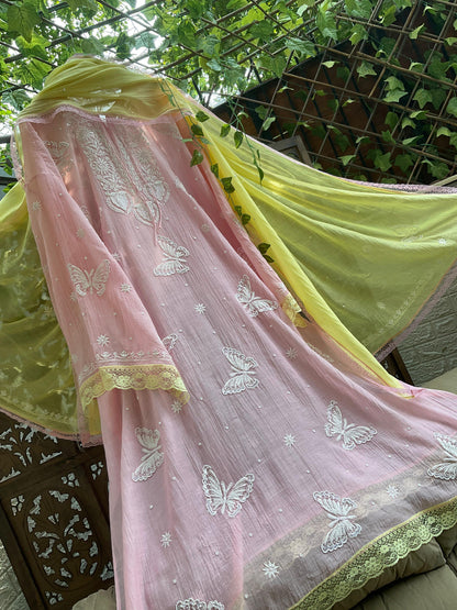 Pure Mulmul Chikankari Kurta, Dupatta & Cotton Bottom Set