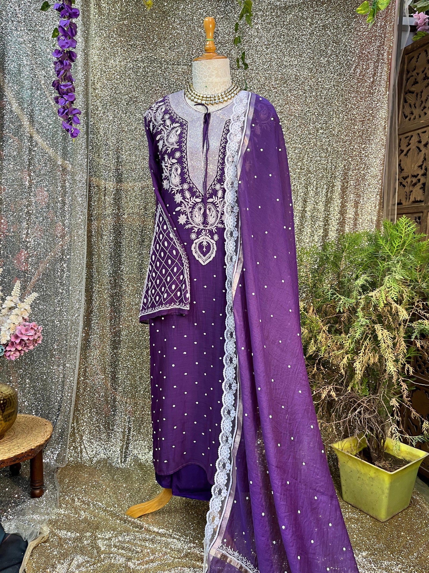 Mulmul Chanderi Kurta, Dupatta & Cotton Bottom Set