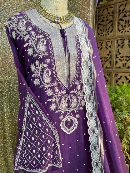 Mulmul Chanderi Kurta, Dupatta & Cotton Bottom Set
