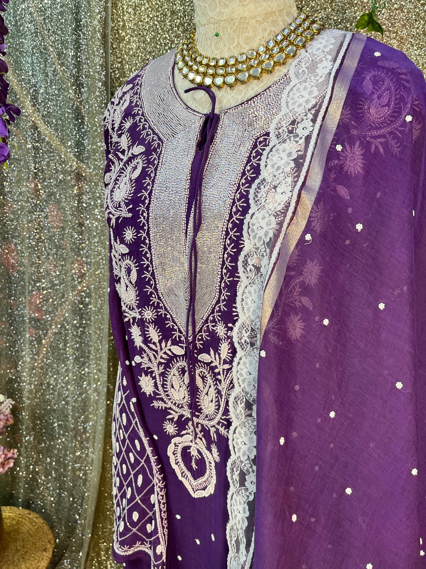 Mulmul Chanderi Kurta, Dupatta & Cotton Bottom Set