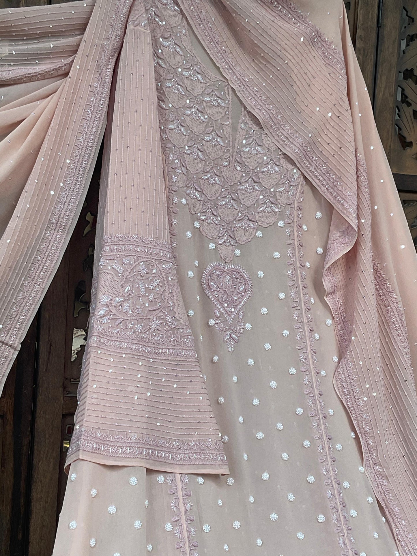 Regal Blush Pink Georgette Chikankari Kurta Set with Haath Jaali & Aari Work (Set of 3) (Semi-stitched)