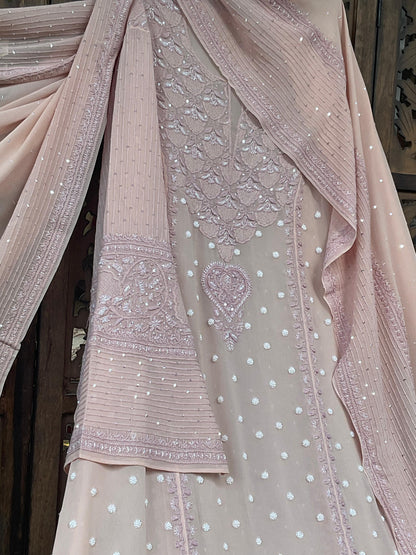 Regal Blush Pink Georgette Chikankari Kurta Set with Haath Jaali & Aari Work (Set of 3) (Semi-stitched)