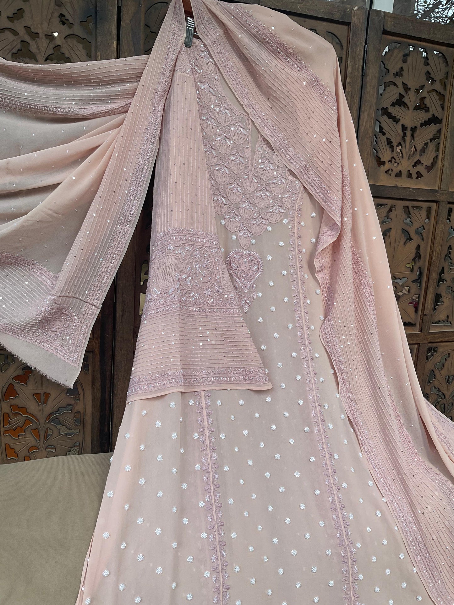 Regal Blush Pink Georgette Chikankari Kurta Set with Haath Jaali & Aari Work (Set of 3) (Semi-stitched)