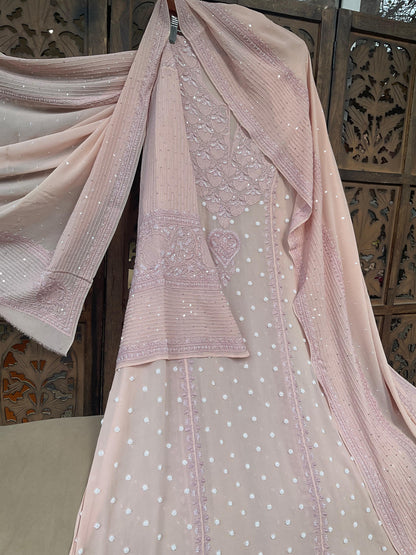 Regal Blush Pink Georgette Chikankari Kurta Set with Haath Jaali & Aari Work (Set of 3) (Semi-stitched)