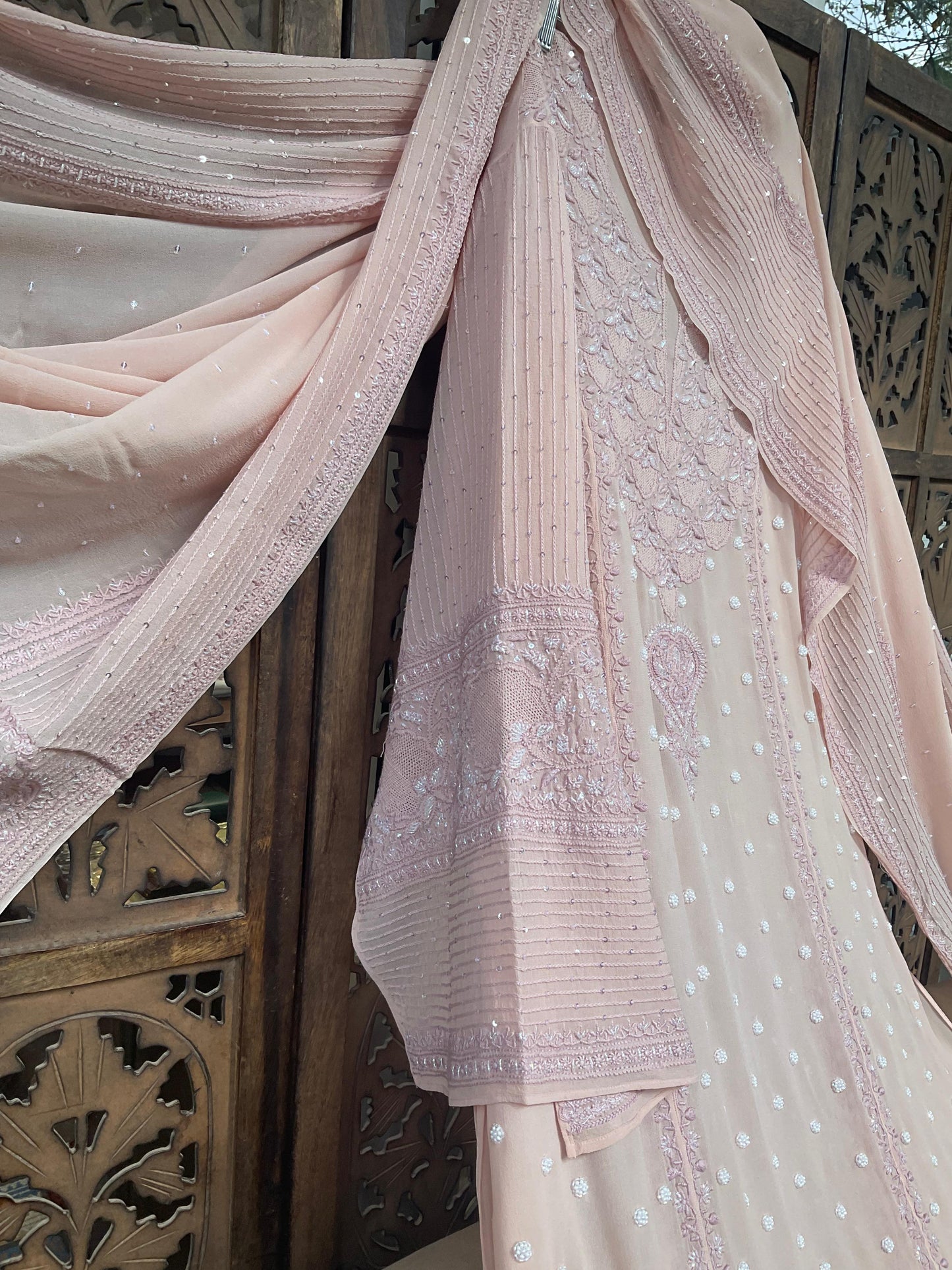 Regal Blush Pink Georgette Chikankari Kurta Set with Haath Jaali & Aari Work (Set of 3) (Semi-stitched)