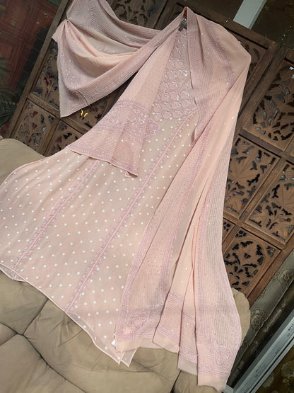 Regal Blush Pink Georgette Chikankari Kurta Set with Haath Jaali & Aari Work (Set of 3) (Semi-stitched)