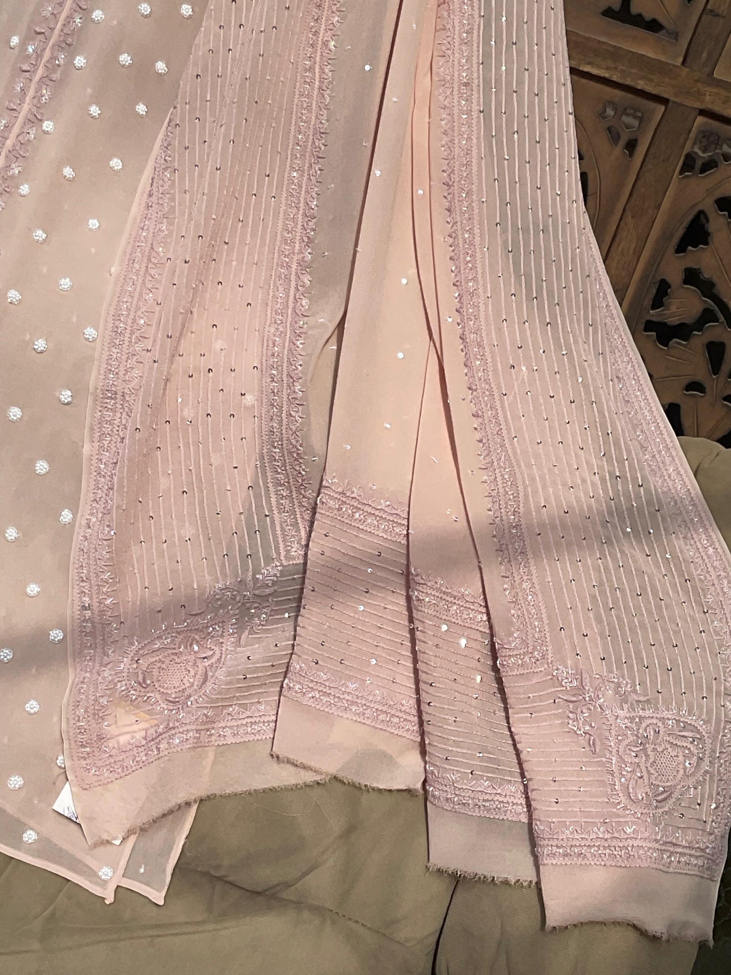 Regal Blush Pink Georgette Chikankari Kurta Set with Haath Jaali & Aari Work (Set of 3) (Semi-stitched)