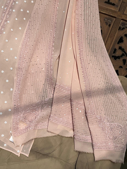 Regal Blush Pink Georgette Chikankari Kurta Set with Haath Jaali & Aari Work (Set of 3) (Semi-stitched)