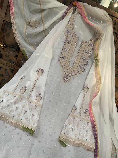 Ivory Mulmul Chikankari Kurta Set with Pearl & Cutdana Work (Set of 3) (Semi-stitched)