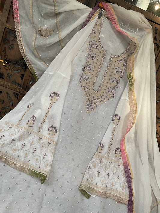 Ivory Mulmul Chikankari Kurta Set with Pearl & Cutdana Work (Set of 3) (Semi-stitched)