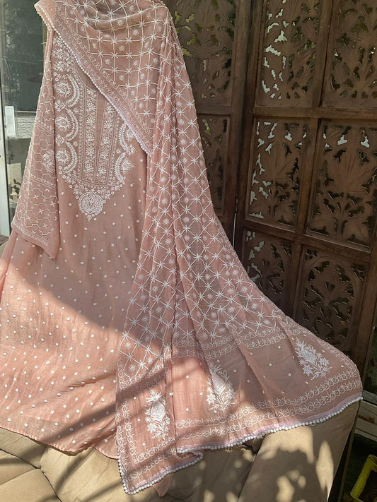 Pure Mulmul Kurta Set with heavy embroidered Dupatta (Set of 3) (Unstitched)