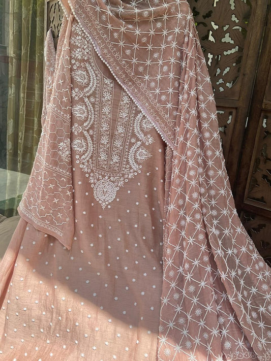 Pure Mulmul Kurta Set with heavy embroidered Dupatta (Set of 3) (Unstitched)