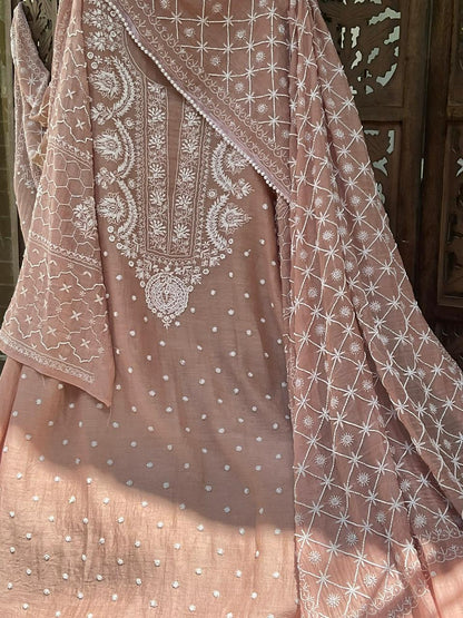 Ensemble Kurta en pur Mulmul avec Dupatta brodé (Lot de 3) (Non cousu)