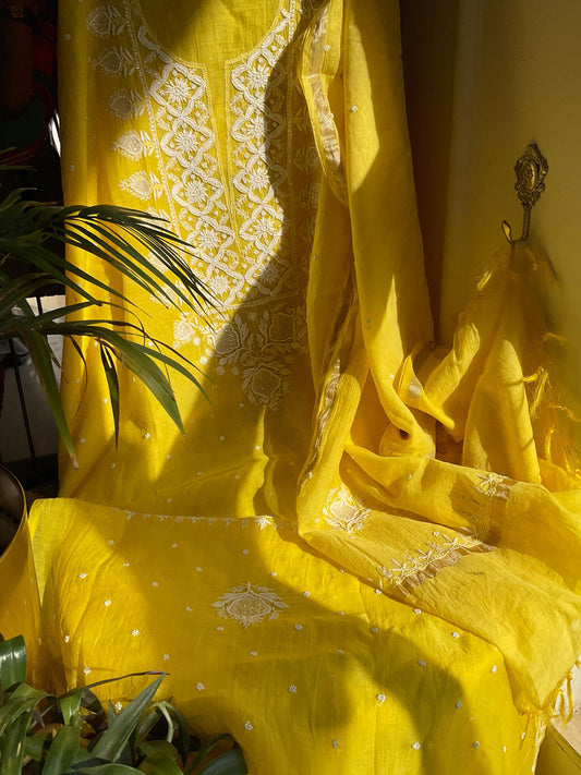 Yellow Kurta Set with Chikankari & Pearl-Cutdana Embellishments (Set of 3) (Un-stitched)