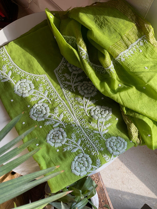 Kurta Set with Chikankari & Pearl-Cutdana Embellishments (Set of 3) (Unstitched)