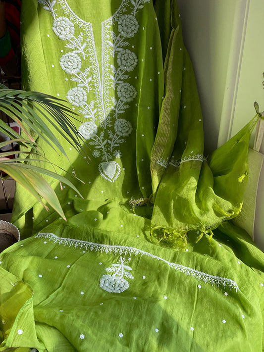 Kurta Set with Chikankari & Pearl-Cutdana Embellishments (Set of 3) (Unstitched)