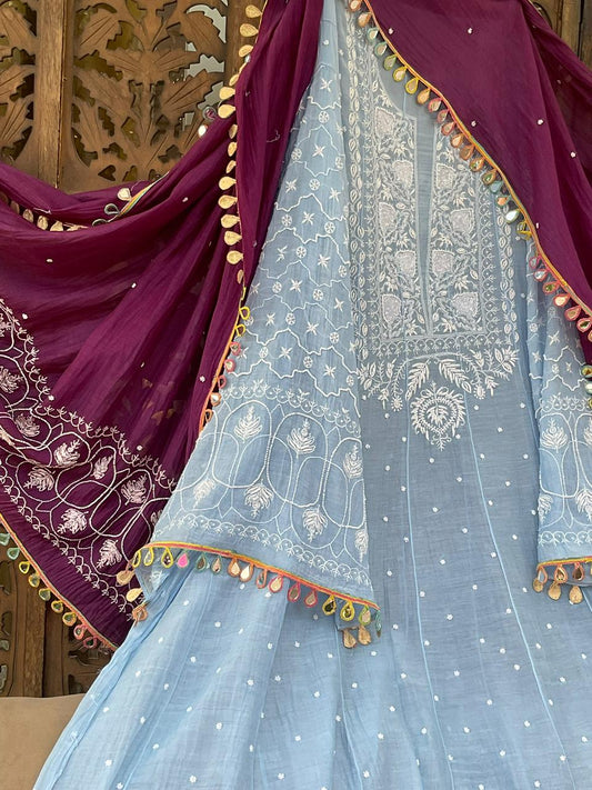 Pure Mulmul Anarkali Set with Chikankari & Pearl-Cutdana Embellishments with Mirror Lace Dupatta (Set of 3) (Unstitched)