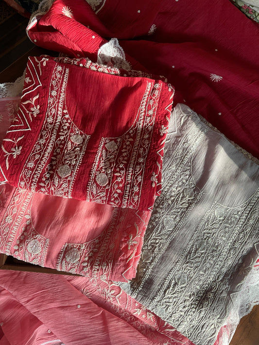 Mulmul Kurta Set with Colored Chikankari & Pearl-Cutdana Embellished Panels with Embroidered Dupatta (Set of 3) (Unstitched)