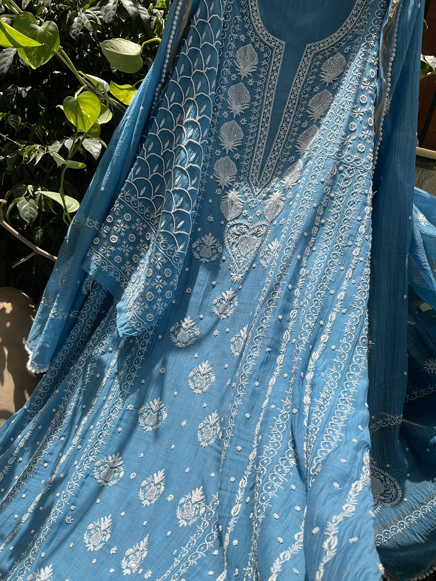 Mulmul Anarkali Suit Set with Heavy Embbroidered Yoke & Intricate Kali Work with Statement Sleeves (Set of 3) (Stitched)