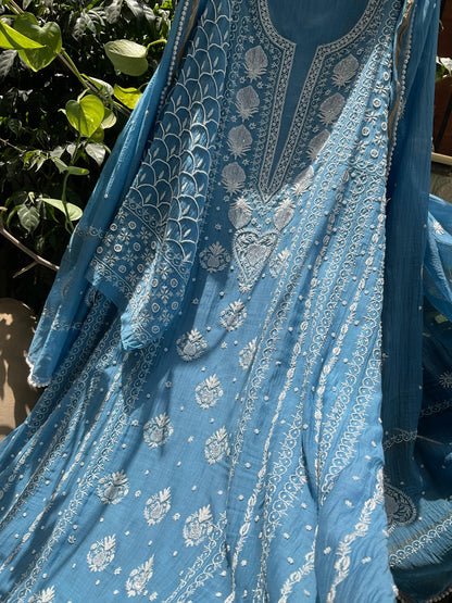 Mulmul Anarkali Suit Set with Heavy Embbroidered Yoke & Intricate Kali Work with Statement Sleeves (Set of 3) (Stitched)