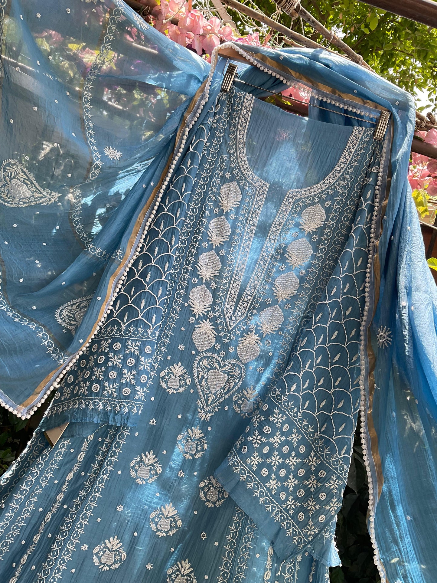 Mulmul Anarkali Suit Set with Heavy Embbroidered Yoke & Intricate Kali Work with Statement Sleeves (Set of 3) (Stitched)