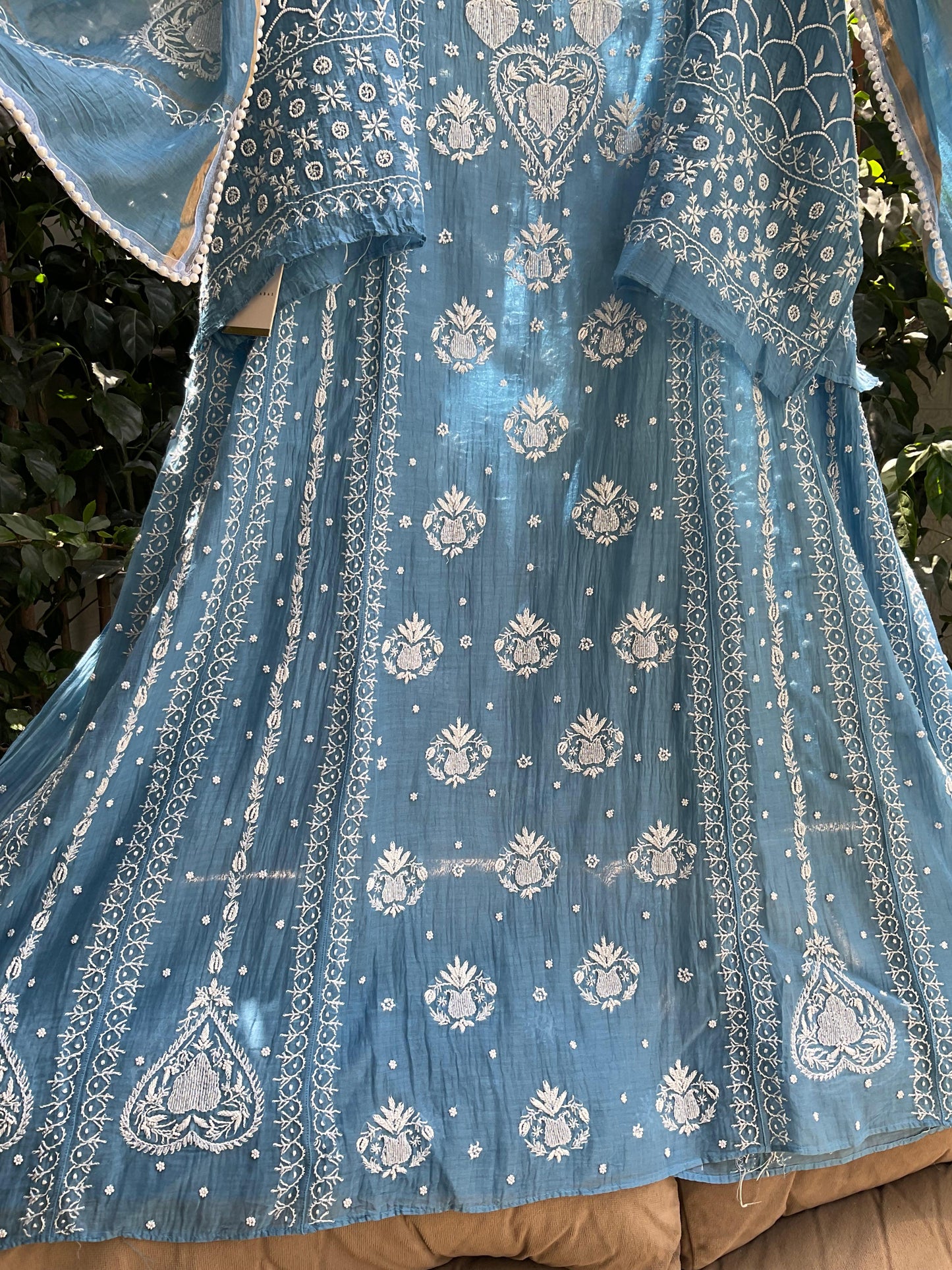 Mulmul Anarkali Suit Set with Heavy Embbroidered Yoke & Intricate Kali Work with Statement Sleeves (Set of 3) (Stitched)